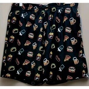 NWT Caribbean Swim Trunks M Black Neon Food Beer Fries Burgers 4-Way Stretch